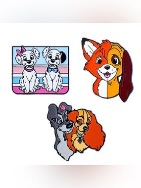 NWT-Disney Dogs 3-Piece Acrylic Pin Set, Lady & Tramp, Dalmatians, Fox & Hound